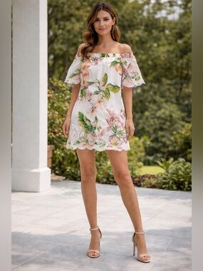 New York & Company White Floral Off-Shoulder Eyelet Mini Dress